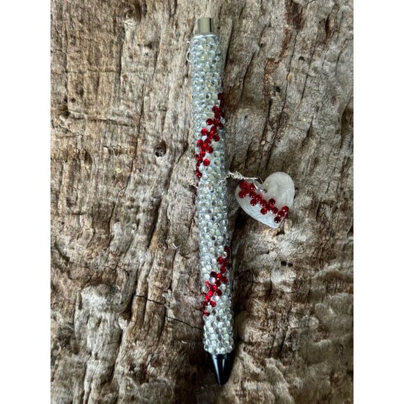 Hand Made Gel Baseball Pen Red Crystal Rhinestones w/ Resin and Rhinestone Charm - Picture 6 of 8